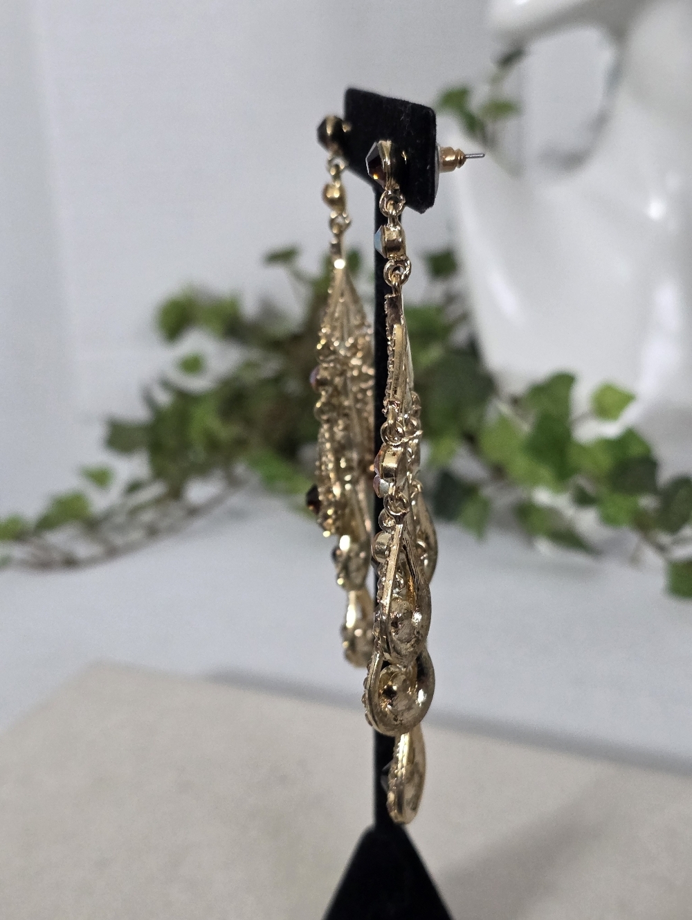 Gold AB Crystal Black Stone Chandelier Statement Earrings - Picture 6 of 9